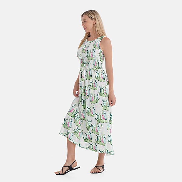 TAMSY Green Cactus Smocked Sleeveless Double Knit Dress With Waist Tie - One Size Fits Most