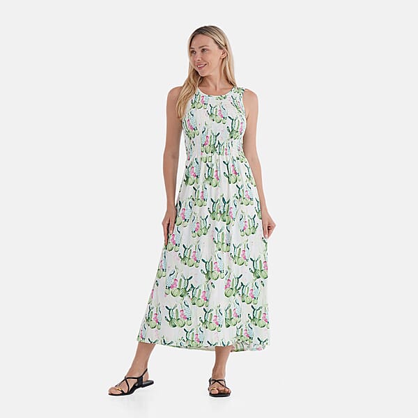 TAMSY Green Cactus Smocked Sleeveless Double Knit Dress With Waist Tie - One Size Fits Most