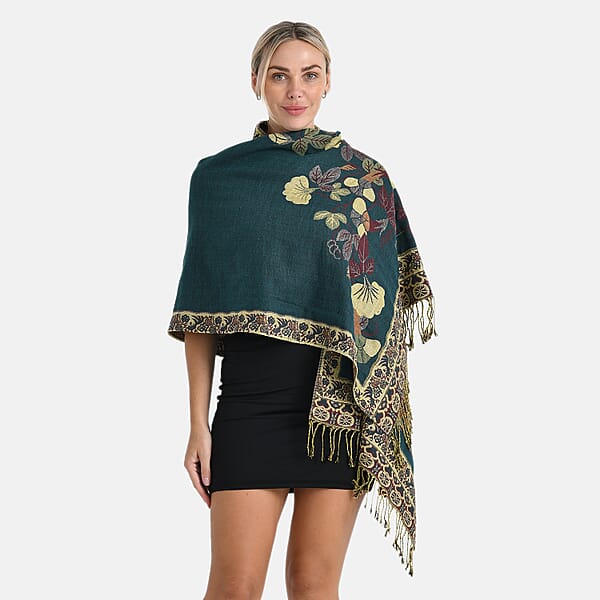 TAMSY Green Floral Jacquard Scarf With Tassels – One Size Fits Most