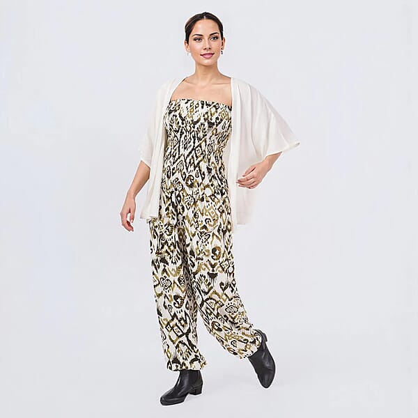 Tamsy Green Ikat Smocked Jumpsuit With White Kimono Set - One Size Fits Most