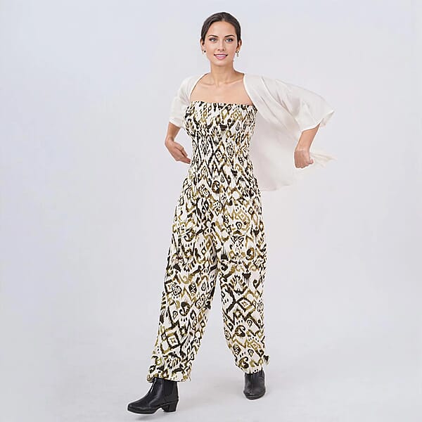 Tamsy Green Ikat Smocked Jumpsuit With White Kimono Set - One Size Fits Most