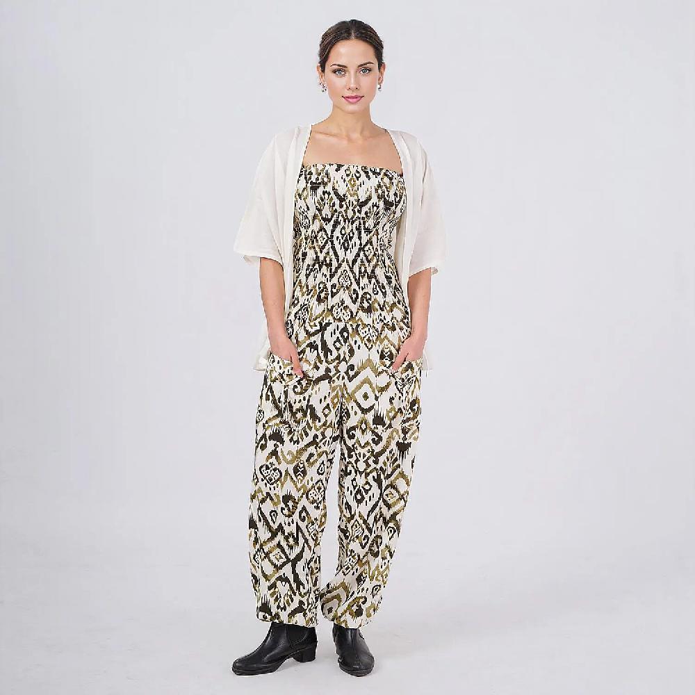 Tamsy Green Ikat Smocked Jumpsuit with White Kimono Set - One Size Fits Most