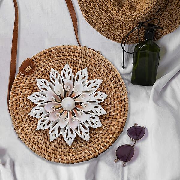Tamsy Handmade Brown Round Crossbody Bag With Shell