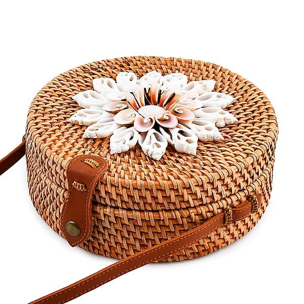 Tamsy Handmade Brown Round Crossbody Bag With Shell