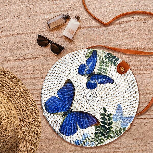 Tamsy Handmade White Round Shape Rattan Crossbody Bag With Blue Butterfly Printed Motif