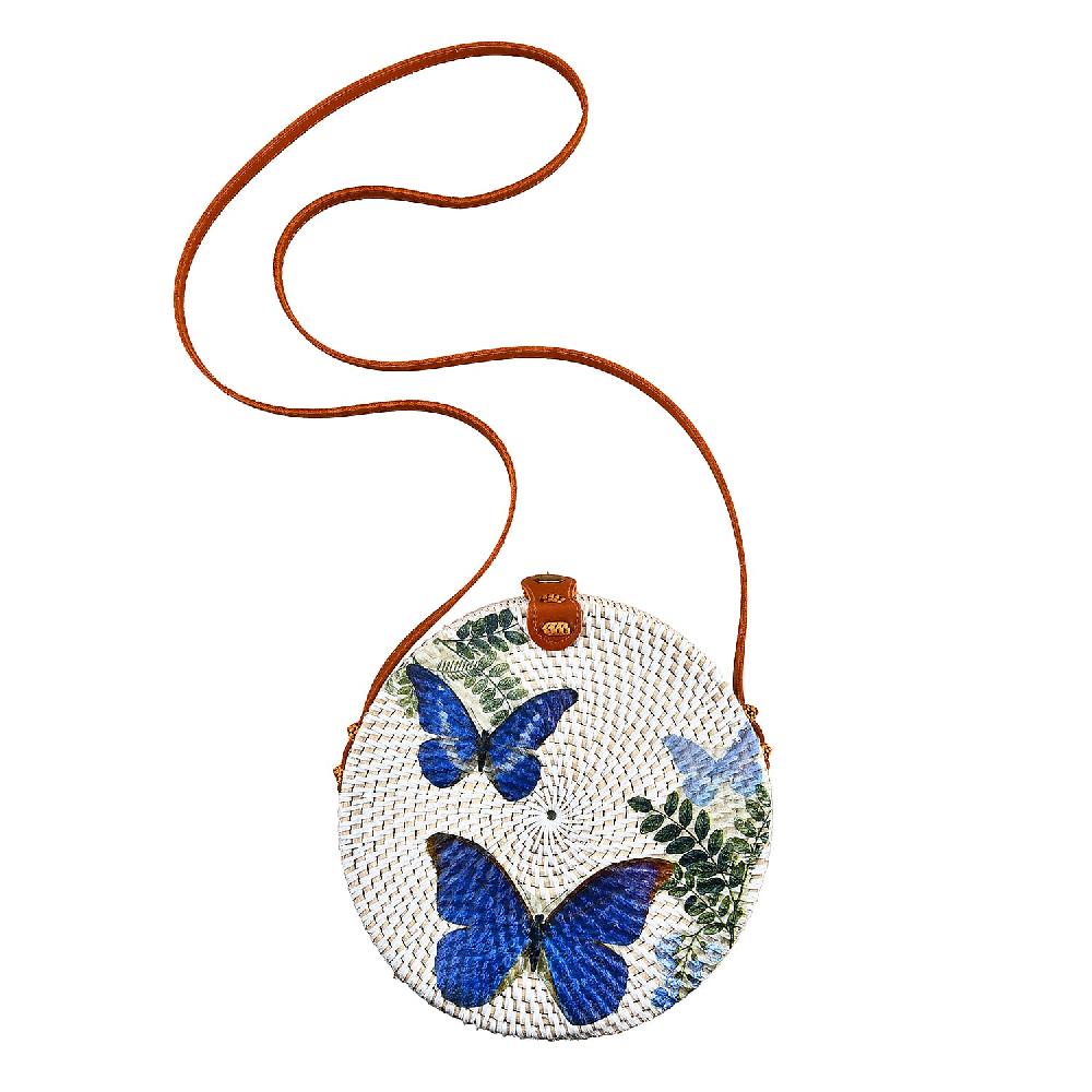 Tamsy Handmade White Round Shape Rattan Crossbody Bag with Blue Butterfly Printed Motif