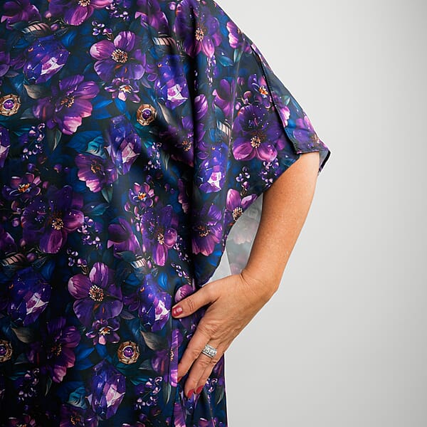 Tamsy Indigo Floral Digitally Printed 2 Piece Satin Pant And Blouse Set - One Size Fits Most