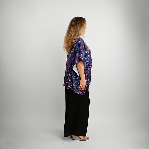 Tamsy Indigo Floral Digitally Printed 2 Piece Satin Pant And Blouse Set - One Size Fits Most