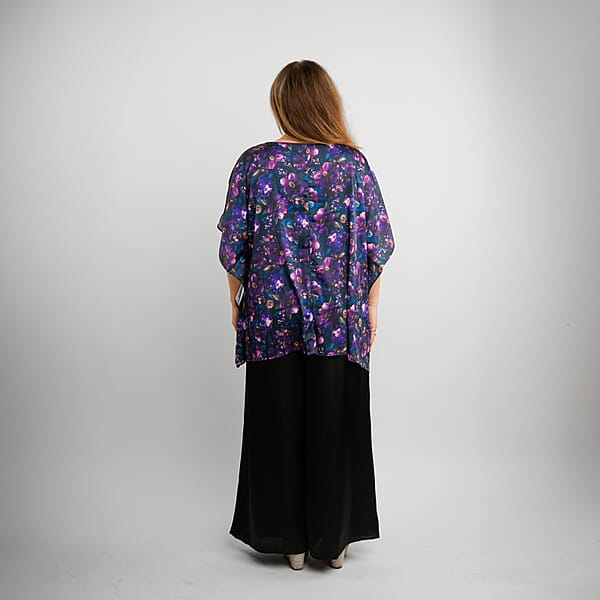 Tamsy Indigo Floral Digitally Printed 2 Piece Satin Pant And Blouse Set - One Size Fits Most
