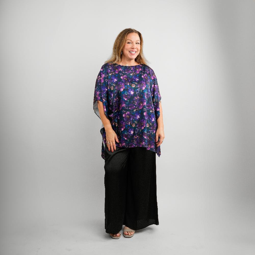 Tamsy Indigo Floral Digitally Printed 2 Piece Satin Pant and Blouse Set - One Size Fits Most