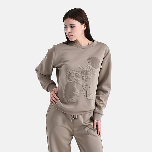 TAMSY Khaki Floral Embossed Scuba Knit Pant And Long Sleeve Pullover Set – S/M