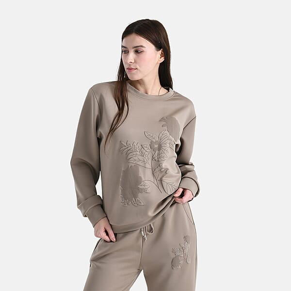 TAMSY Khaki Floral Embossed Scuba Knit Pant And Long Sleeve Pullover Set – S/M
