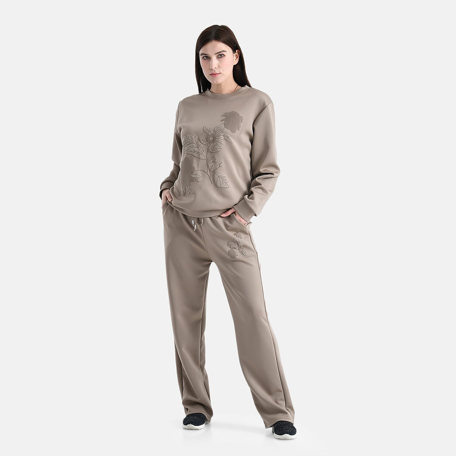 TAMSY Khaki Floral Embossed Scuba Knit Pant and Long Sleeve Pullover Set – S/M