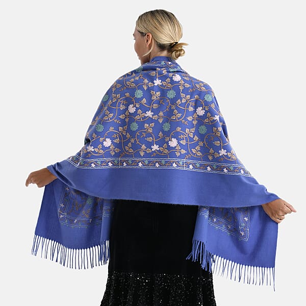TAMSY Light Blue Vine Soft Woven Embroidered Scarf With Tassels – One Size