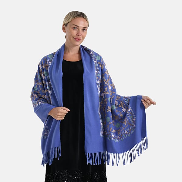TAMSY Light Blue Vine Soft Woven Embroidered Scarf With Tassels – One Size