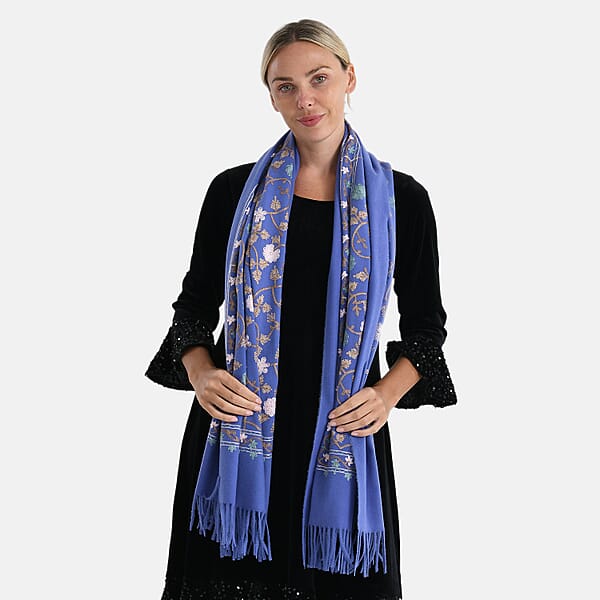 TAMSY Light Blue Vine Soft Woven Embroidered Scarf With Tassels – One Size