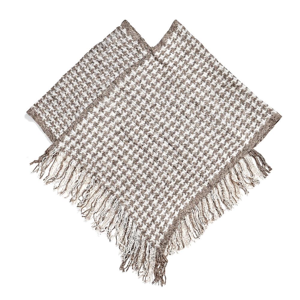 TAMSY Light Gray Houndstooth Knit Poncho with Fringe - One Size Fits Most