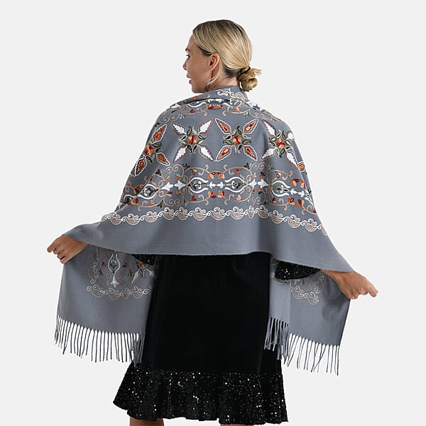 TAMSY Light Grey Baroque Soft Woven Embroidered Scarf With Tassels – One Size