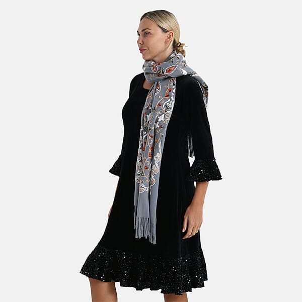 TAMSY Light Grey Baroque Soft Woven Embroidered Scarf With Tassels – One Size