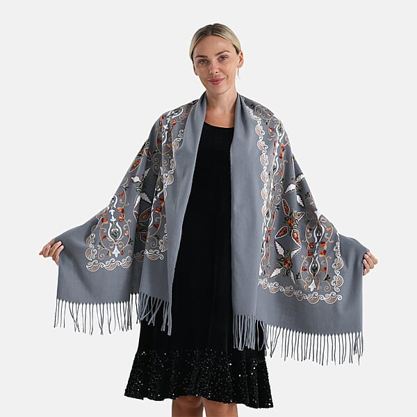 TAMSY Light Grey Baroque Soft Woven Embroidered Scarf With Tassels – One Size