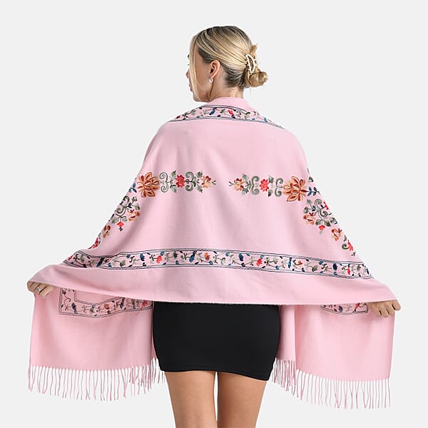 TAMSY Light Pink Floral Soft Woven Embroidered Scarf With Tassels – One Size
