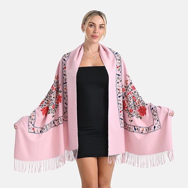 TAMSY Light Pink Floral Soft Woven Embroidered Scarf With Tassels – One Size