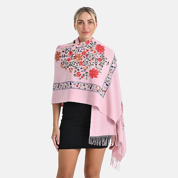 TAMSY Light Pink Floral Soft Woven Embroidered Scarf With Tassels – One Size