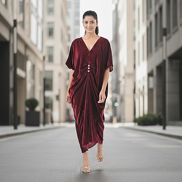 TAMSY Merlot Stretch Velvet Drape Kaftan Dress With Front Button Detail- One Size Fits Most