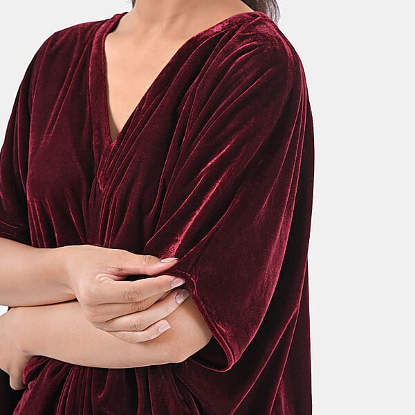 TAMSY Merlot Stretch Velvet Drape Kaftan Dress With Front Button Detail- One Size Fits Most