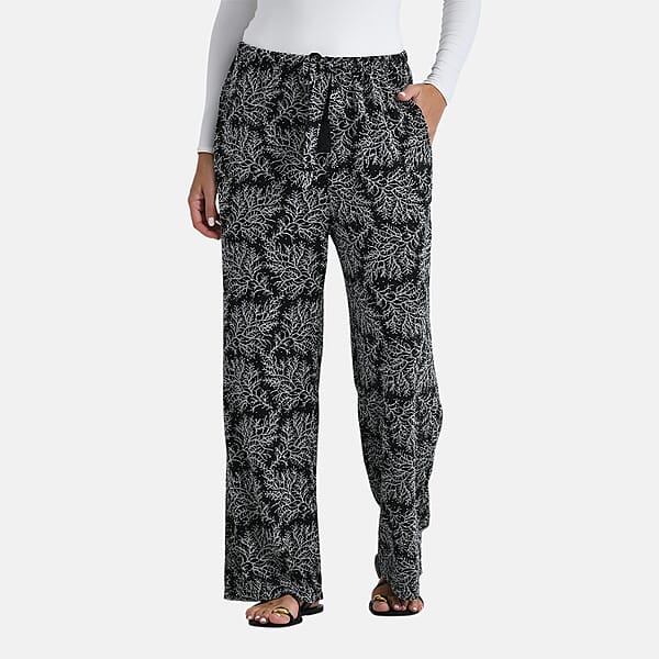 TAMSY Metallic Silver Leaf Print Pant With Fabric Waist Belt – One Size Fits Most