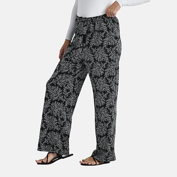 TAMSY Metallic Silver Leaf Print Pant With Fabric Waist Belt – One Size Fits Most