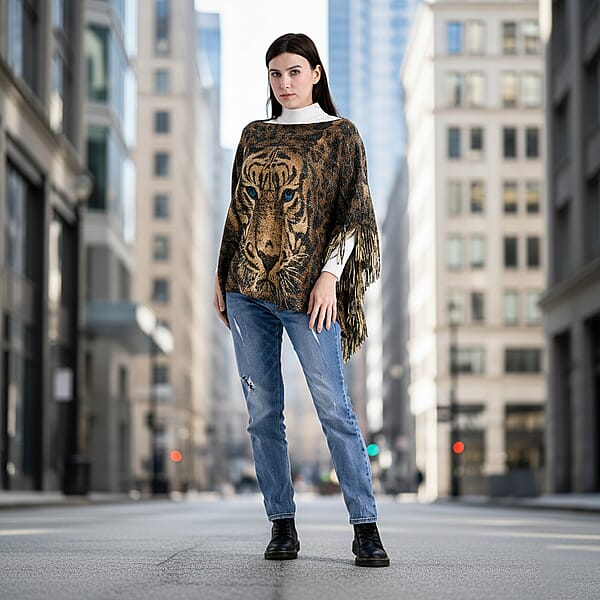 TAMSY Metallic Tiger Poncho With Fringe - One Size Fits Most