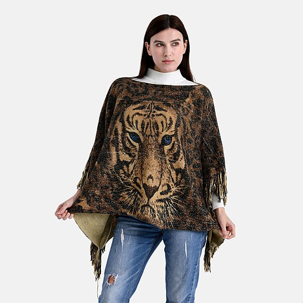 TAMSY Metallic Tiger Poncho With Fringe - One Size Fits Most
