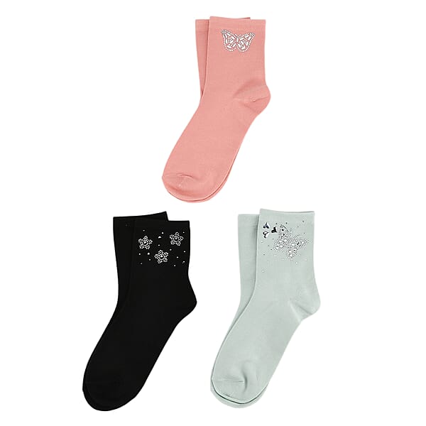 Tamsy Multi Color Crystal Butterfly And Heart 5pairs Ankle Socks