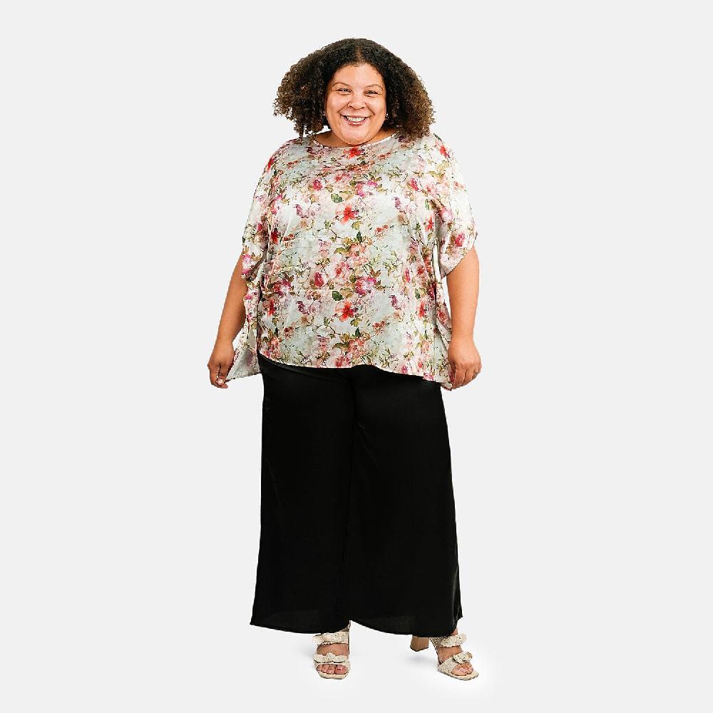 Tamsy Multi Floral Digitally Printed 2 Piece Satin Pant and Blouse Set - One Size Fits Most