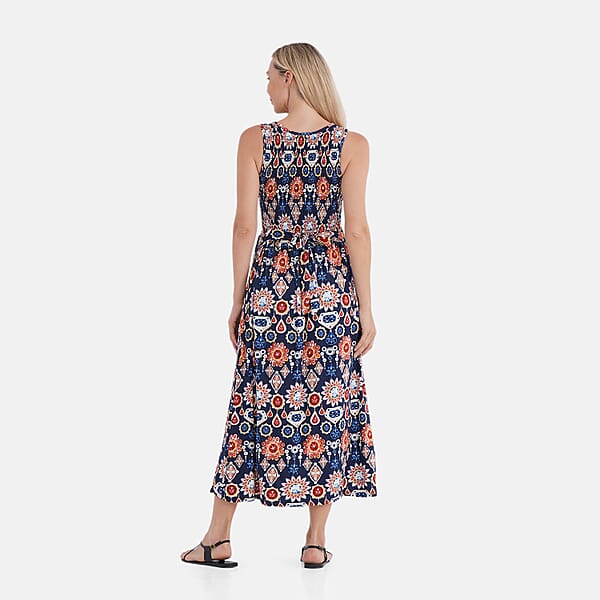 TAMSY Multi Gemstone Smocked Sleeveless Double Knit Dress With Waist Tie - One Size Fits Most