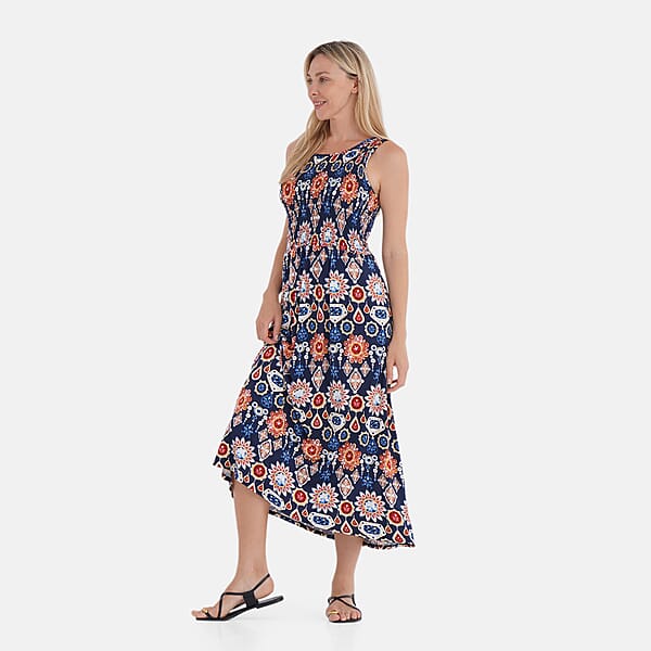 TAMSY Multi Gemstone Smocked Sleeveless Double Knit Dress With Waist Tie - One Size Fits Most