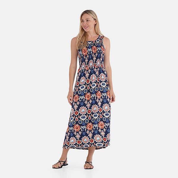 TAMSY Multi Gemstone Smocked Sleeveless Double Knit Dress With Waist Tie - One Size Fits Most