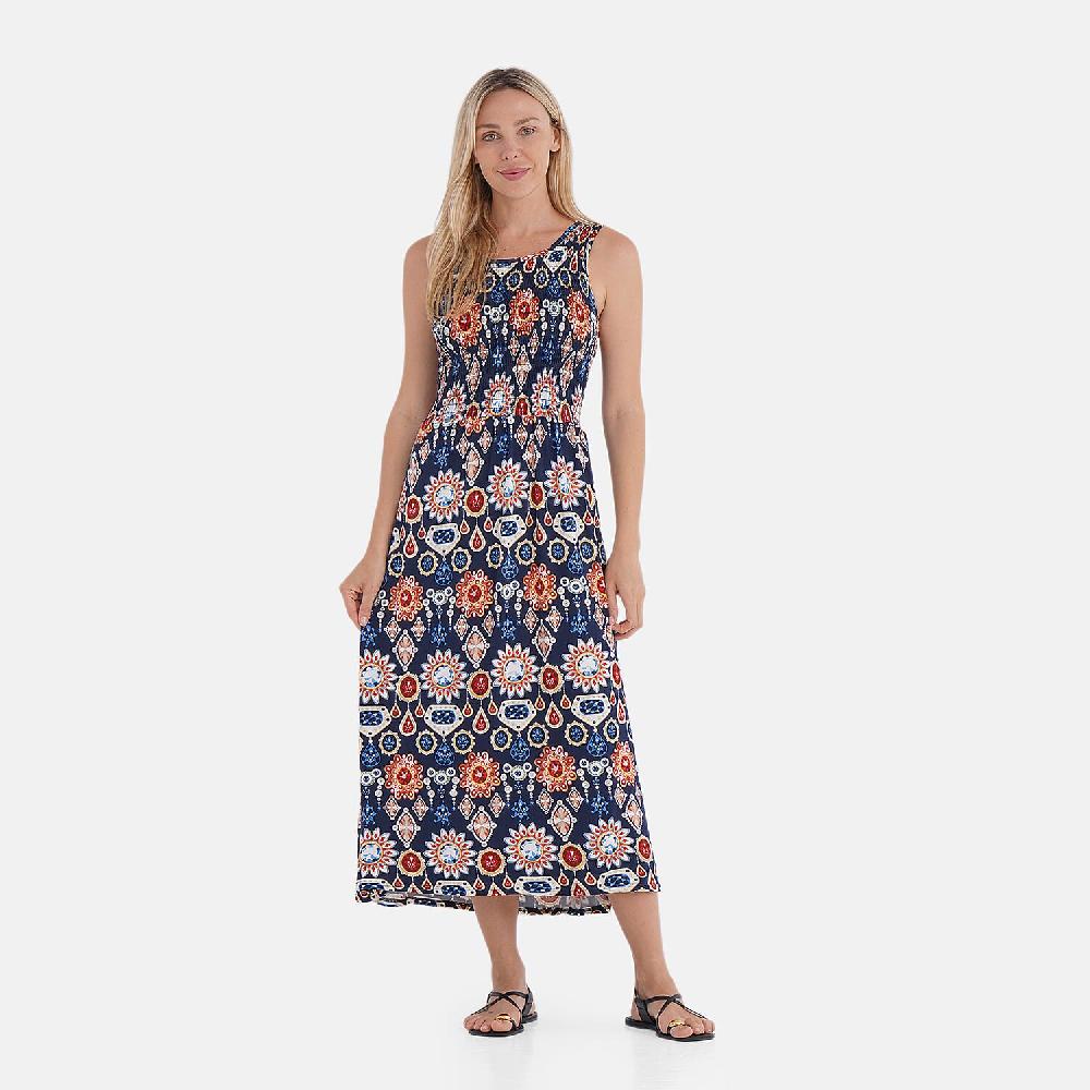 TAMSY Multi Gemstone Smocked Sleeveless Double Knit Dress with Waist Tie - One Size Fits Most