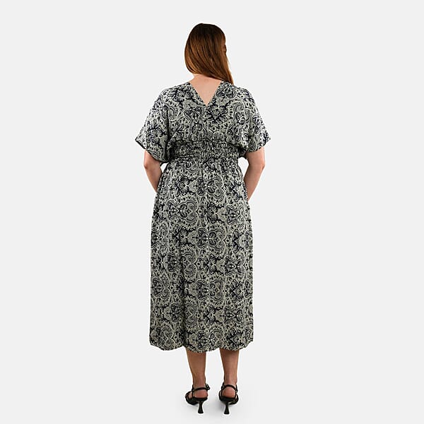 TAMSY Navy Bandana Smocked Waist Kaftan Sleeve Midi Dress - One Size Fits Most