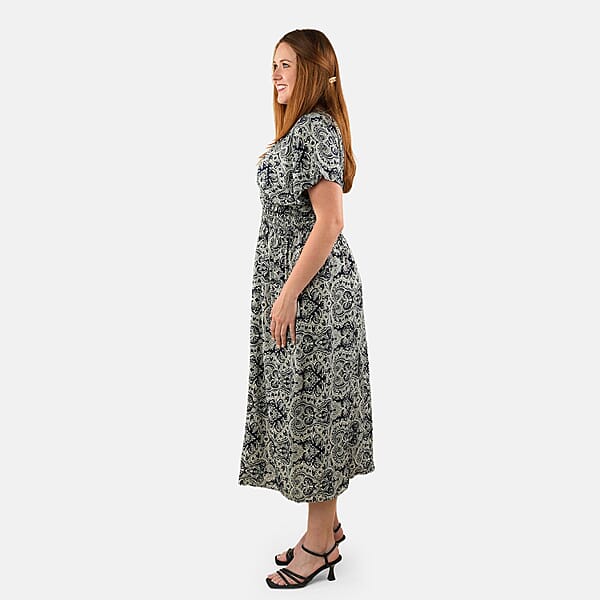 TAMSY Navy Bandana Smocked Waist Kaftan Sleeve Midi Dress - One Size Fits Most
