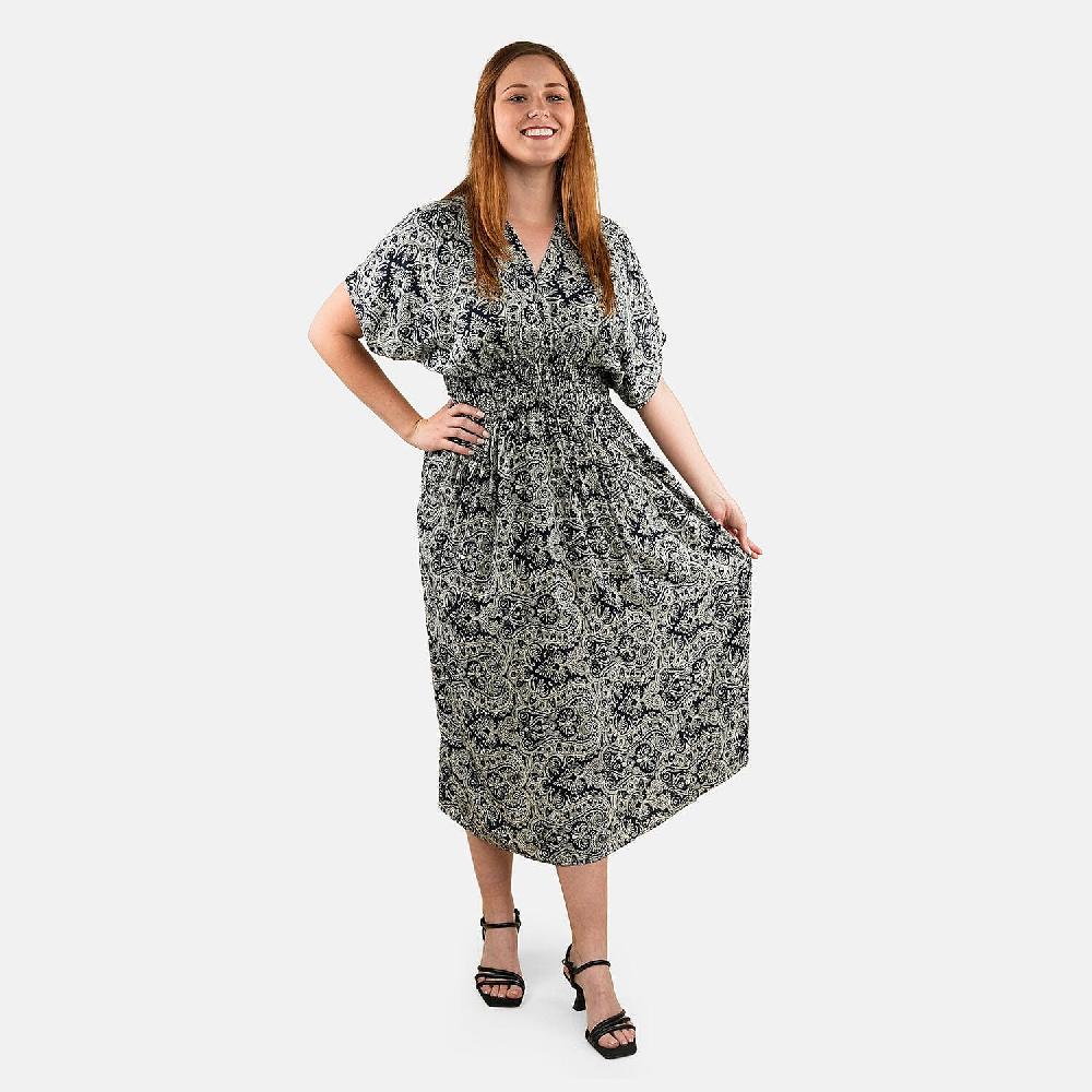 TAMSY Navy Bandana Smocked Waist Kaftan Sleeve Midi Dress - One Size Fits Most