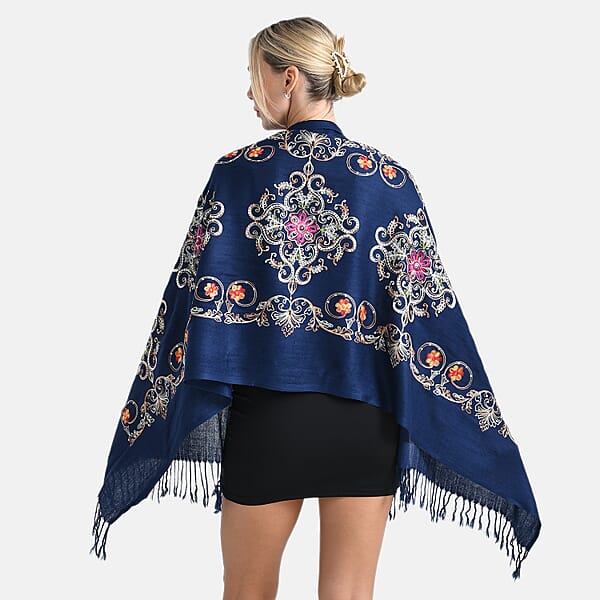 TAMSY Navy Baroque Embroidered Scarf With Tassels