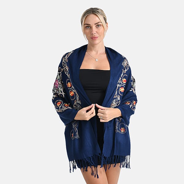 TAMSY Navy Baroque Embroidered Scarf With Tassels