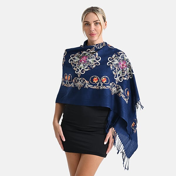 TAMSY Navy Baroque Embroidered Scarf With Tassels