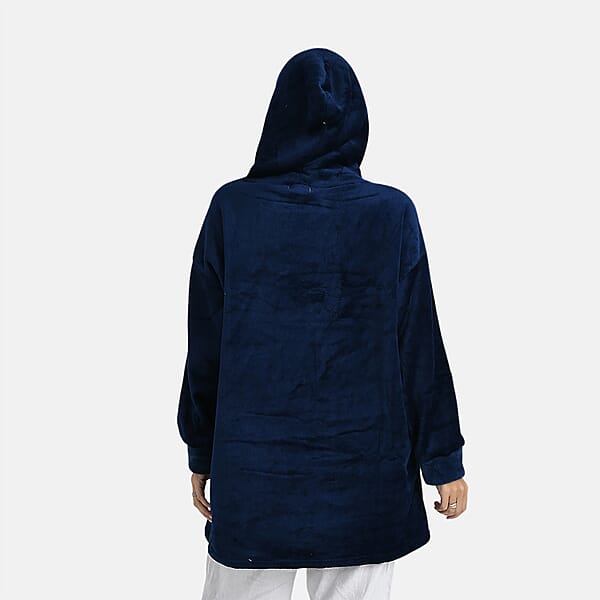 Tamsy Navy Fleece Hoodie Sweater Blanket With Kangaroo Pocket - One Size Fits Most