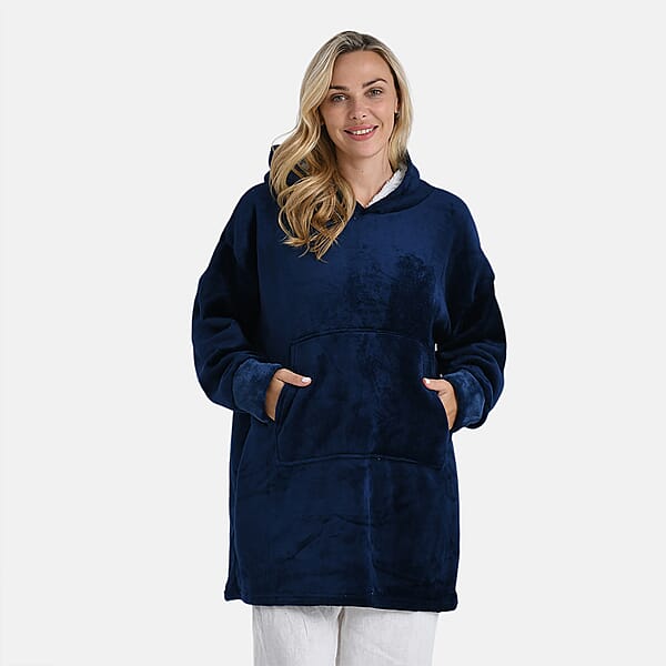Tamsy Navy Fleece Hoodie Sweater Blanket With Kangaroo Pocket - One Size Fits Most