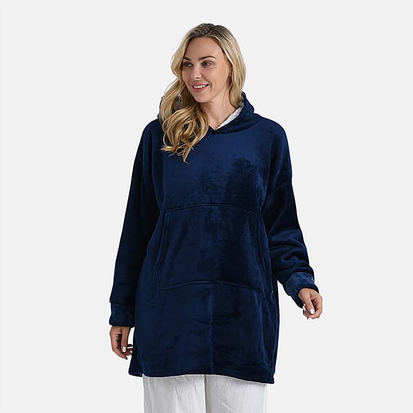 Tamsy Navy Fleece Hoodie Sweater Blanket With Kangaroo Pocket - One Size Fits Most