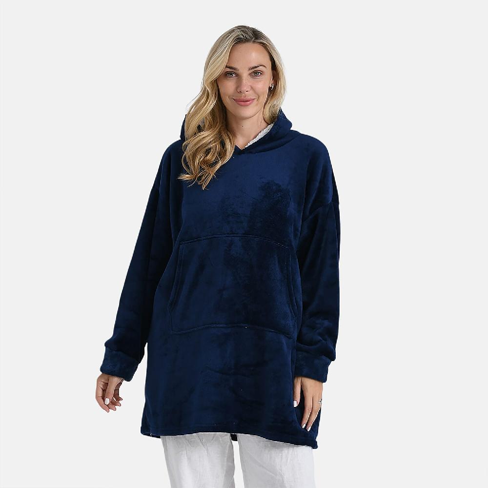 Tamsy Navy Fleece Hoodie Sweater Blanket with Kangaroo Pocket - One Size Fits Most