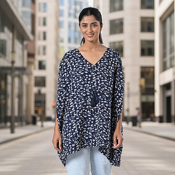 TAMSY Navy Floral Short Kaftan With Drawstring Waist Tie - One Size Fits Most